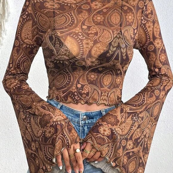 Tops - Printed Mock Neck Flare Sleeve Top